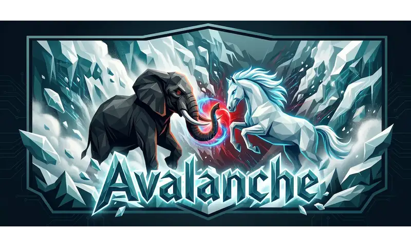 Avalanche logo: a black elephant and a white horse clashing amid shattering ice