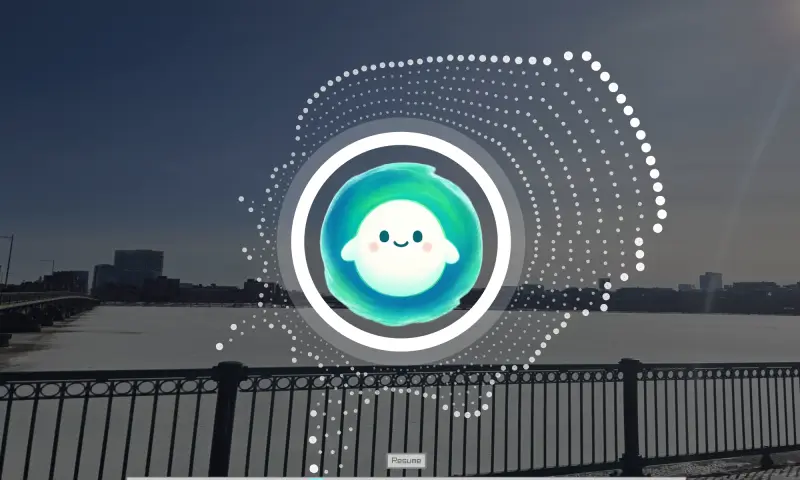 Yue visualizing the track Twilight: a ring of audio-reactive dots around a snowball logo over a frozen river